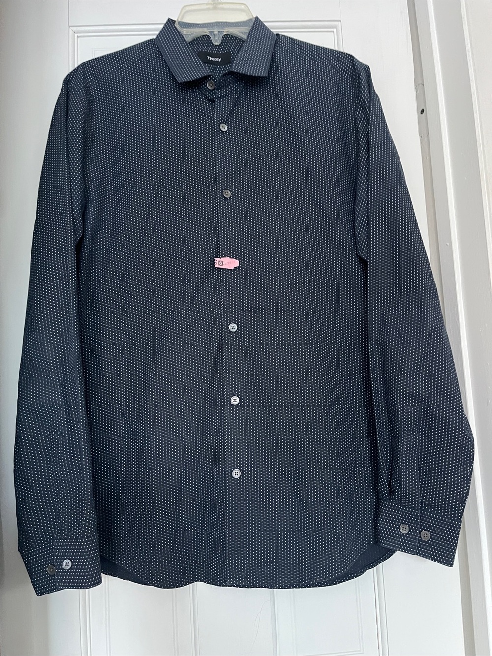 Straight from the cleaners Theory Men’s Navy Dot-Pattern Dress Shirt. Worn once.